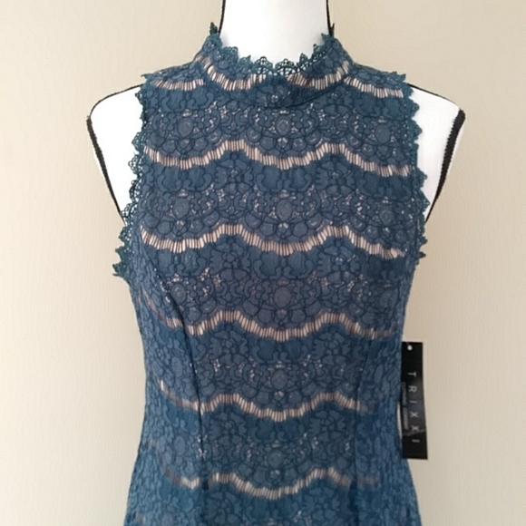 NWT Trixxi Lace Crochet High Neckline Floral Tulle Dress J 9 Blue / Green Cream - Picture 4 of 16